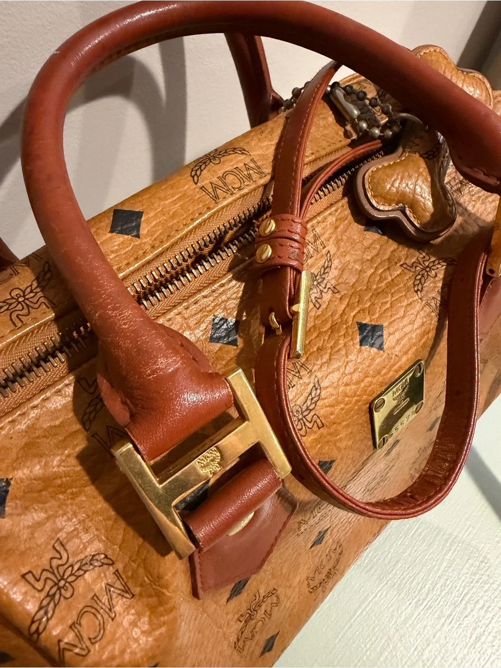 MCM Cognac Visetos Satchel with Gold Hardware